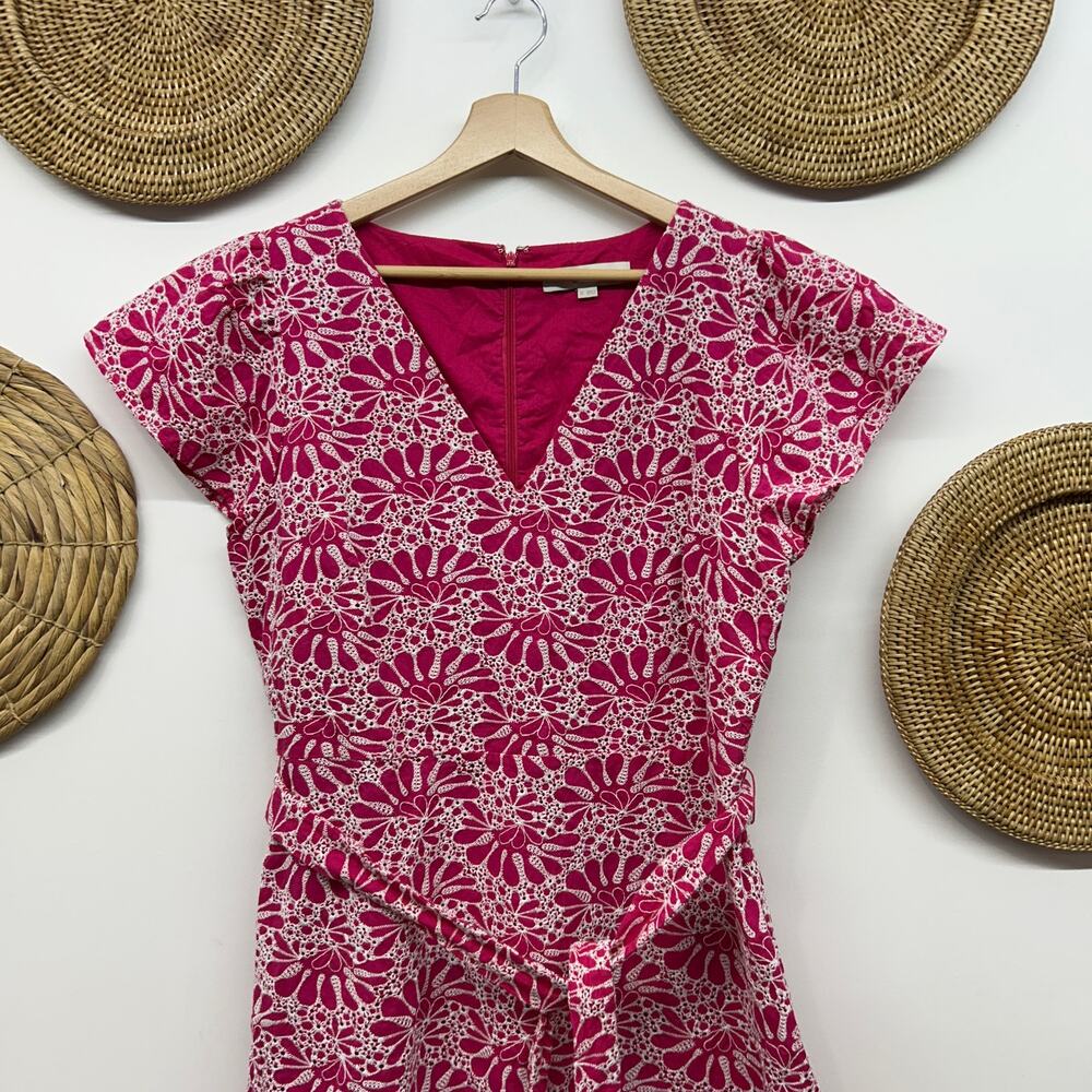 LOFT Pink White Short Mini Dress 12 Belted Removable Belt Embroidered V-Neck - Picture 4 of 7